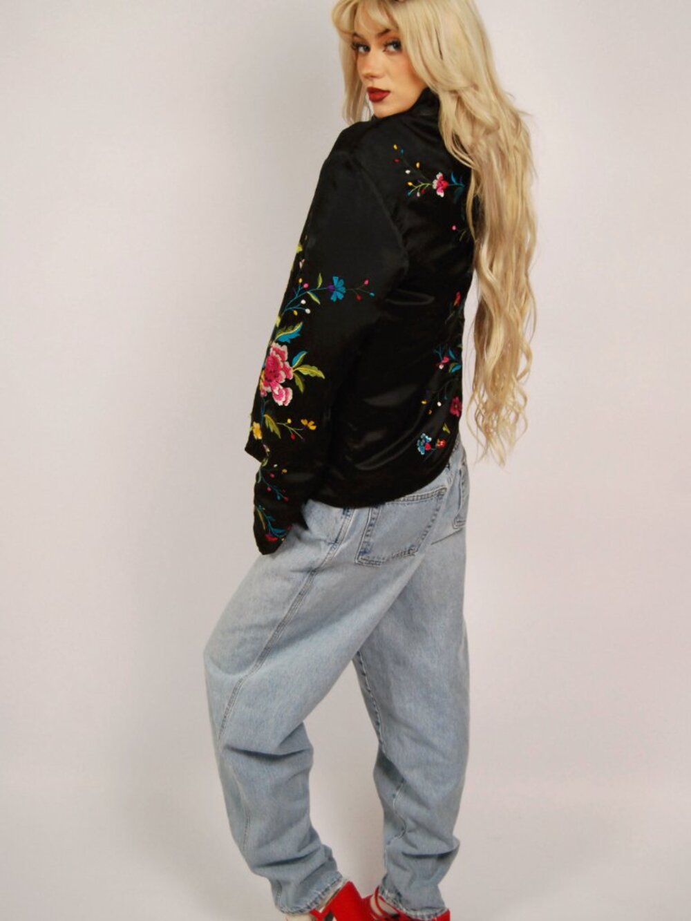 90s Silk Sukajan Jacket (M) medium black vintage womens embroidered chinese art - Picture 2 of 10